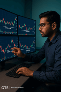 Indian trader managing stop-loss settings on a trading system with charts and risk indicators.