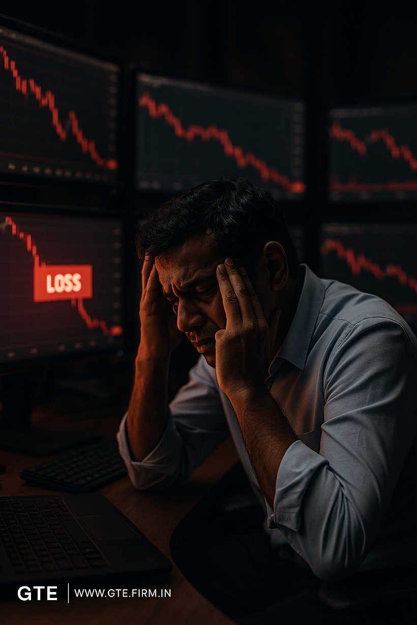 Stressed trader watching heavy losses on screen, representing the consequences of skipping stop-loss.