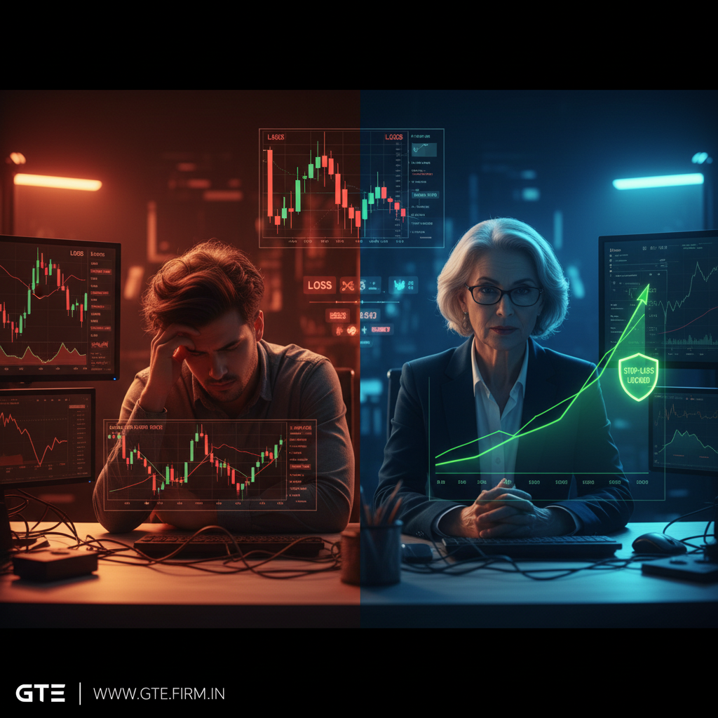 Automation vs emotional trading visual showing algorithmic precision against emotional chaos.