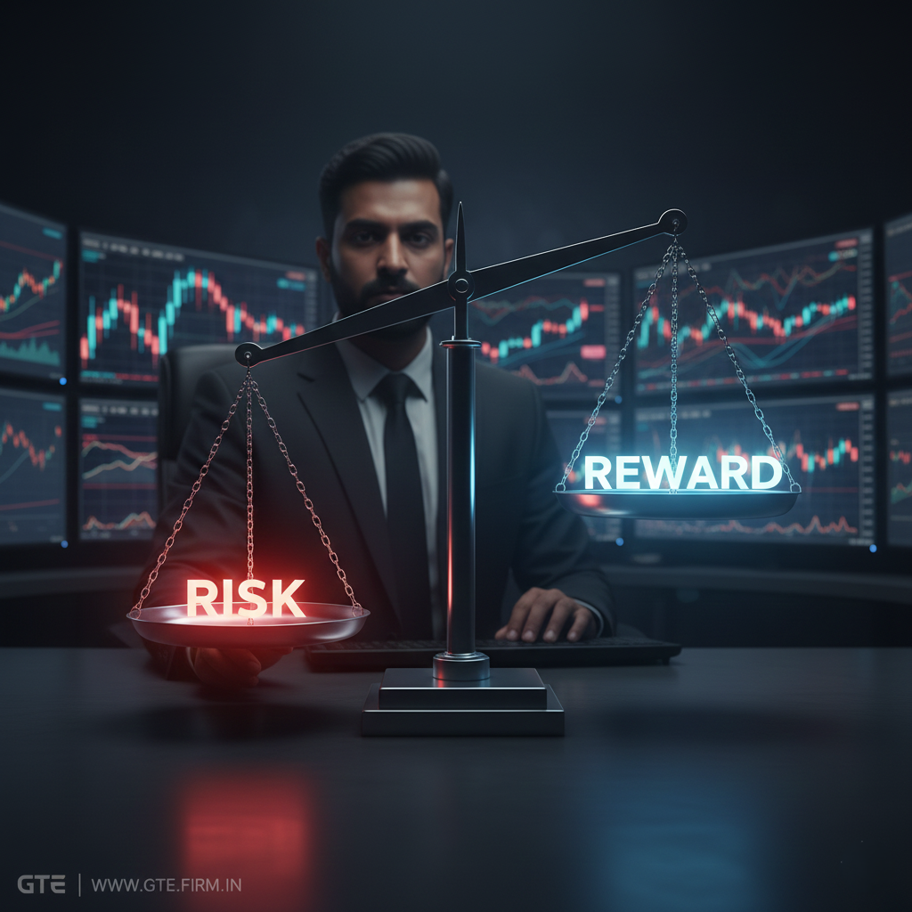 Risk–reward ratio visual showing profit block larger than risk block with protective stop-loss line.